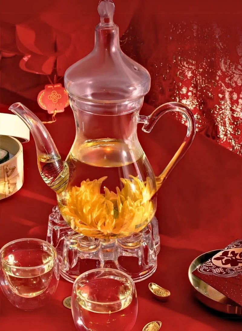 1Chase  Arabic Tea Set – 1000ml Borosilicate Glass Teapot with Heart-Shaped Warmer & 6Pc 80ml Tea Cups – Heat-Resistant, Elegant Present for Ramadan & Special Occasions  | Best Price UAE